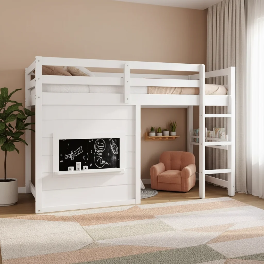 Kids Loft House Bed with Chalkboard | Twin/Full Wood Bed Frame with Play Space & Built-in Bookshelf | Cabin-Style Bunk for Boys & Girls