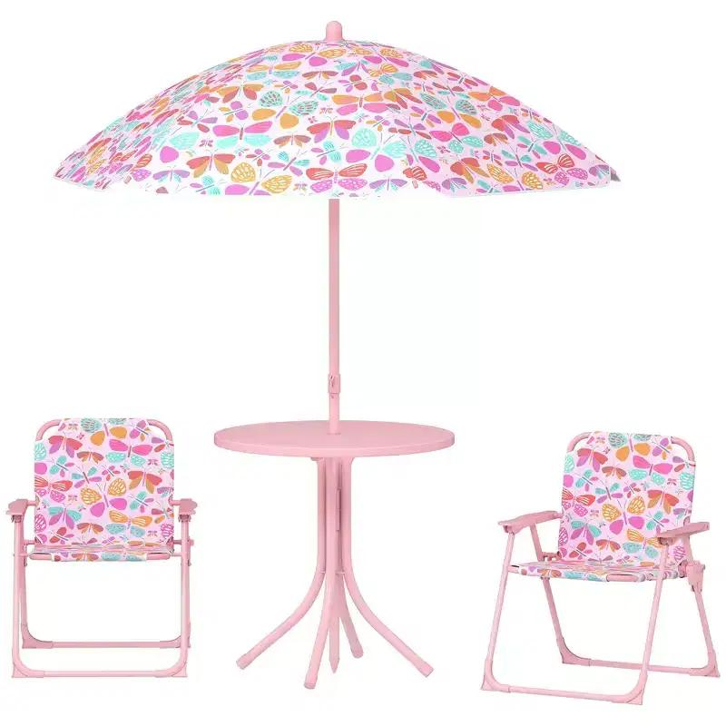 Kids Outdoor Picnic Table and Chair Set with Butterfly Umbrella 3-Piece Pink