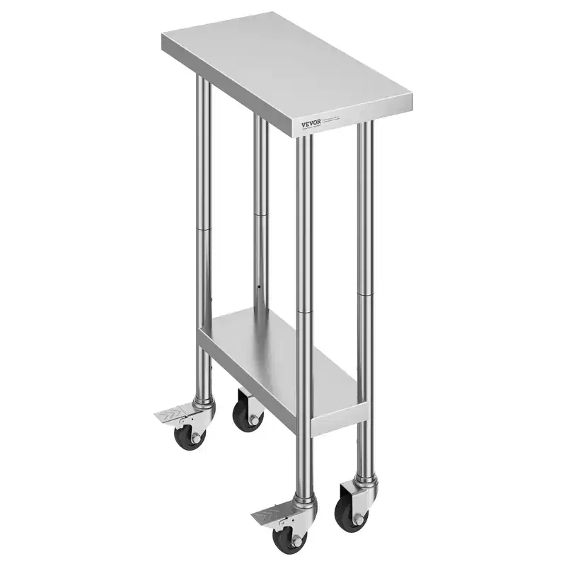 VEVOR Stainless Steel Work Table 24 x 12 x 38 Inch, 500 LBS Load Capacity with 4 Wheels, 3 Adjustable Height Levels, Heavy Duty Food Prep Worktable