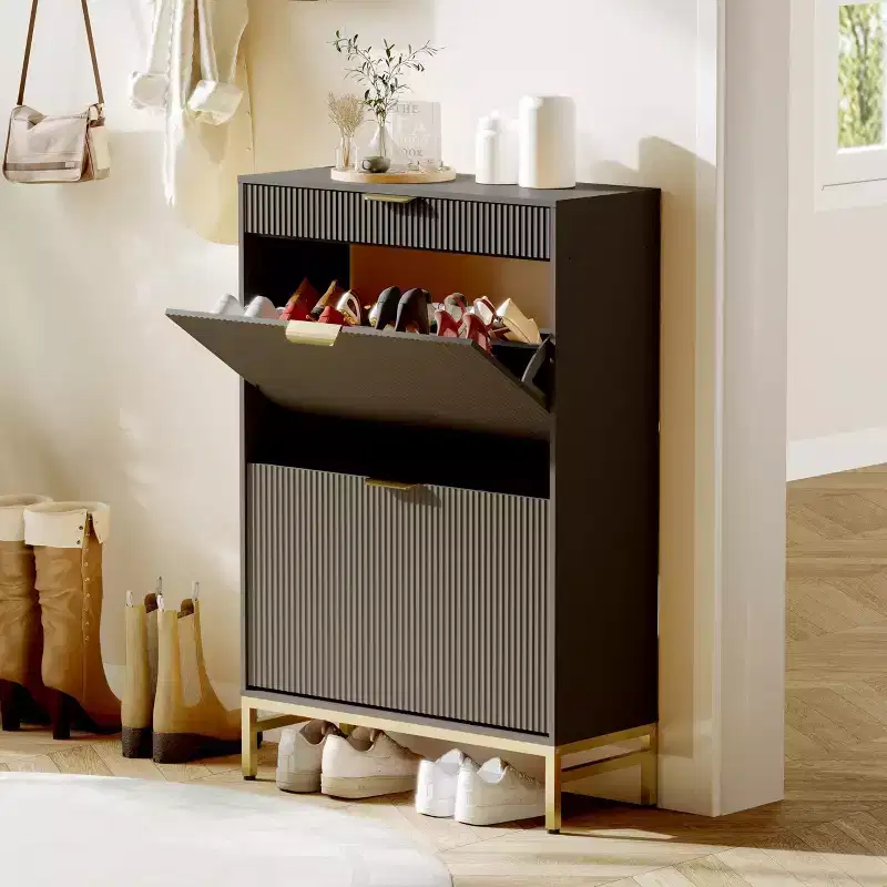 Fluted Shoe Cabinet with 2 Flip Drawers, Slim Wood Shoe Organizer for Small Spaces, Hallway Entryway