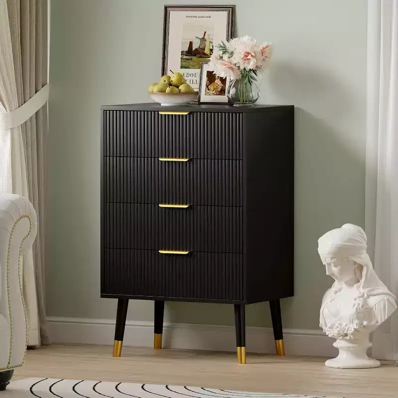 4-Drawer Fluted Dresser with Gold Handles & Metal Legs, Modern Bedroom Chest, Black/White