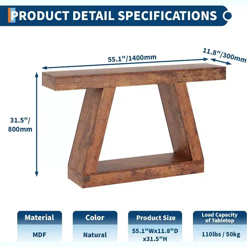 Acekool 2-Tier Industrial Entryway Console Table with Open Storage Shelves, Farmhouse Sofa Table for Living Room