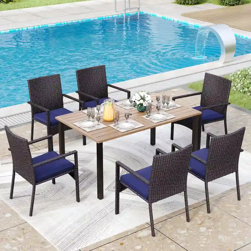 7-piece Patio Dining Set, 6 Sling Patio Rattan Dining Chairs and 1 Metal Dining Table