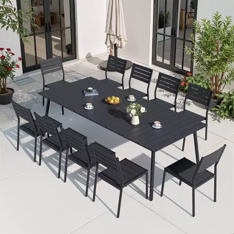Crestlive Products 11PCS Large Gatherings Patio Dining Set Aluminum Frame Stackable Chairs Wood Like Table Umbrella Hole