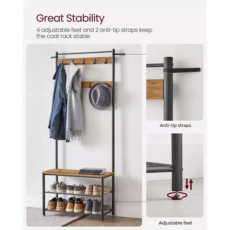 Hall Tree Entryway Coat Rack with Shoe Bench – Rustic Walnut & Black