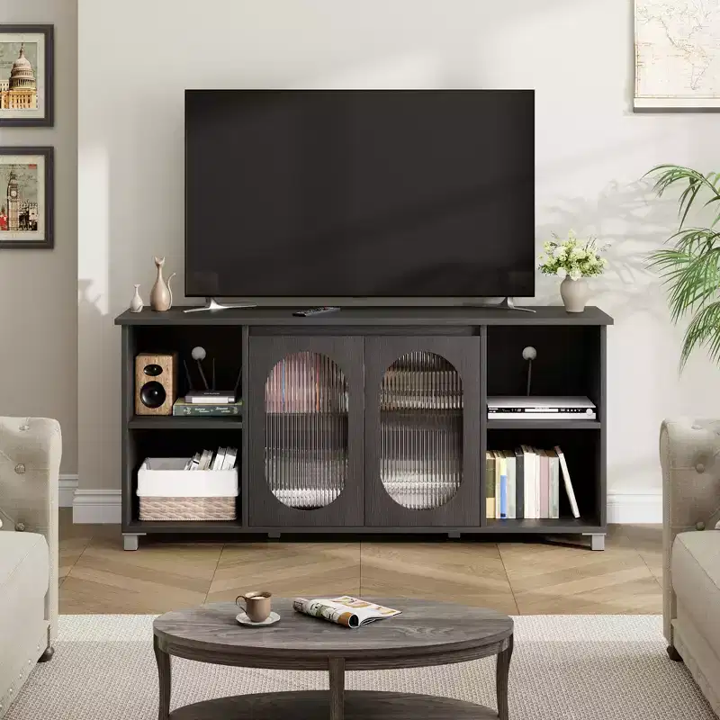 Modern TV Stand for 65 Inch, Black Entertainment Center with Storage Shelves & Glass Doors Wooden Media Console Cabinet for Living Room