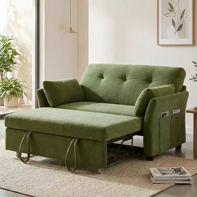51 3-in-1 Pull-Out Sleeper Sofa Bed, Convertible Loveseat with Reclining Adjustable Backrest, Chenille Upholstered Couch, Side Pocket