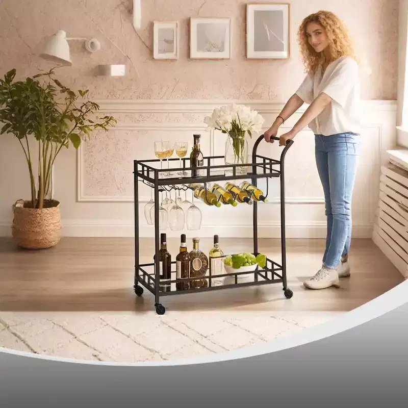 Home Bar Serving Cart with 2 Mirrored Shelves, Wine & Glass Holders