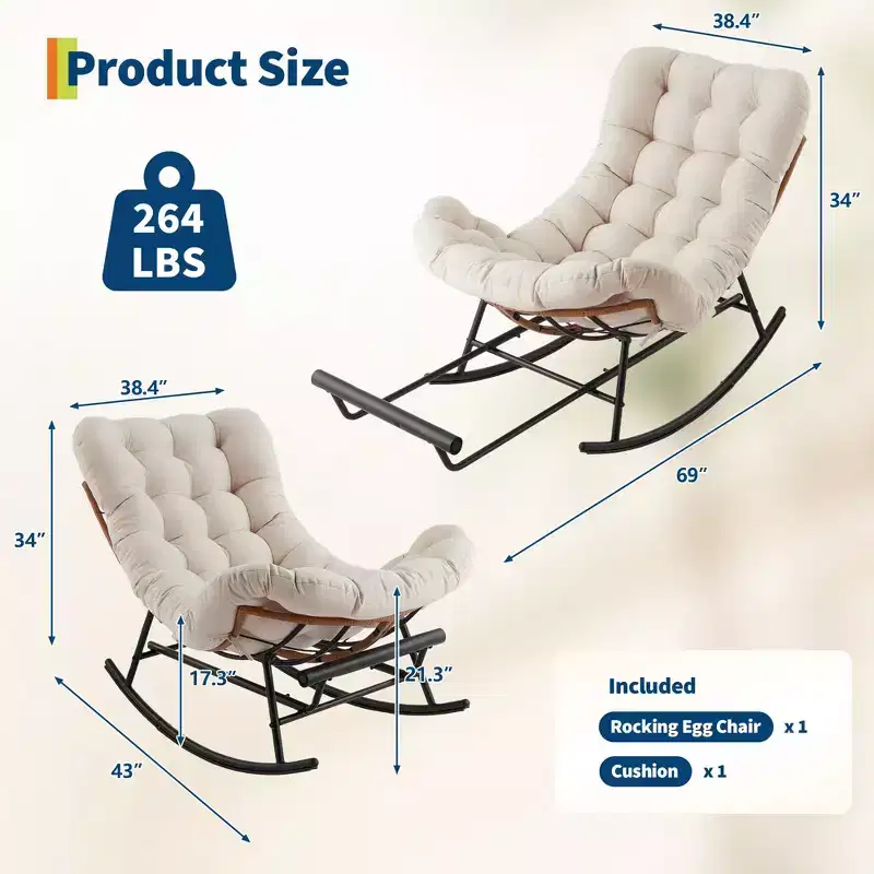 Oversized Rocking Chair with Footrest, Upholstered Lounge Chair with Metal Frame, Patio Reclining Chair for Patio Backyard Bedroom Garden