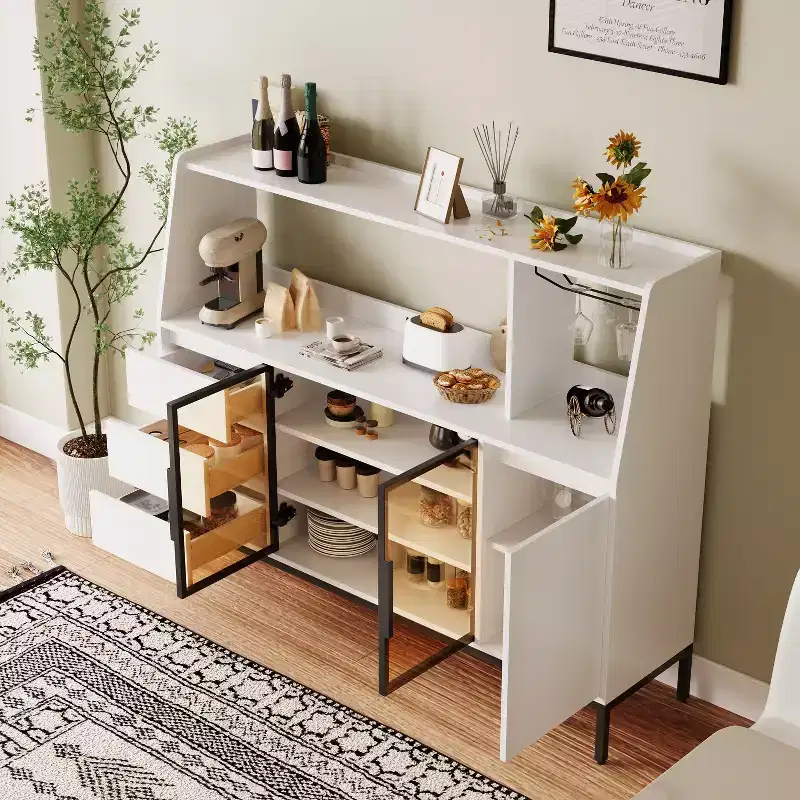 GDFStudio Pavel Modern 64 Wooden Buffet Storage Cabinet With Glass Doors, Cup Holder and 3 Drawers