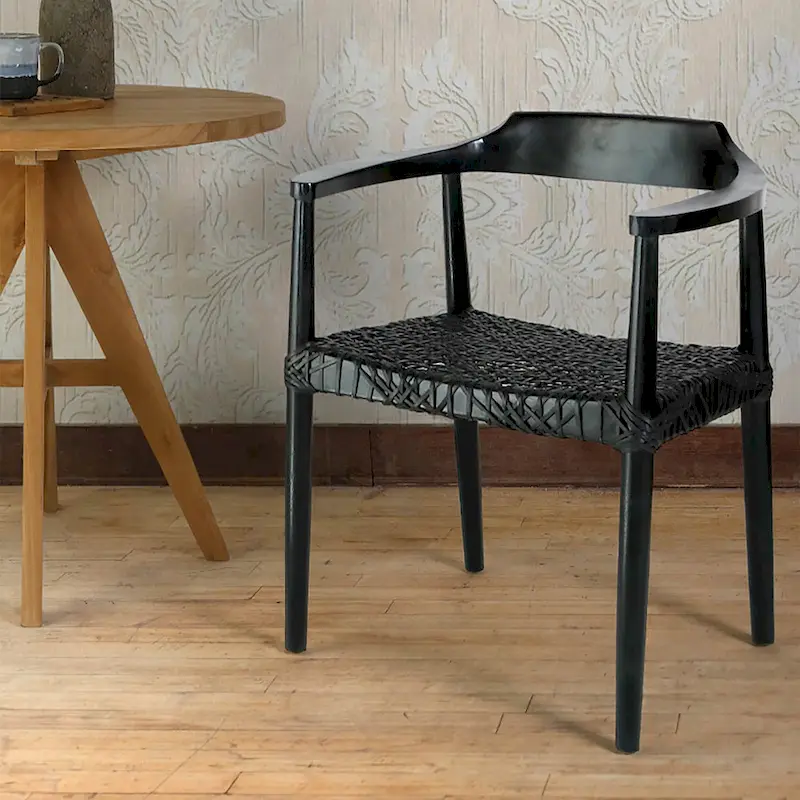 Teak Wood Frame Woven Leather Seat Accent Armchair | Boho Natural Style