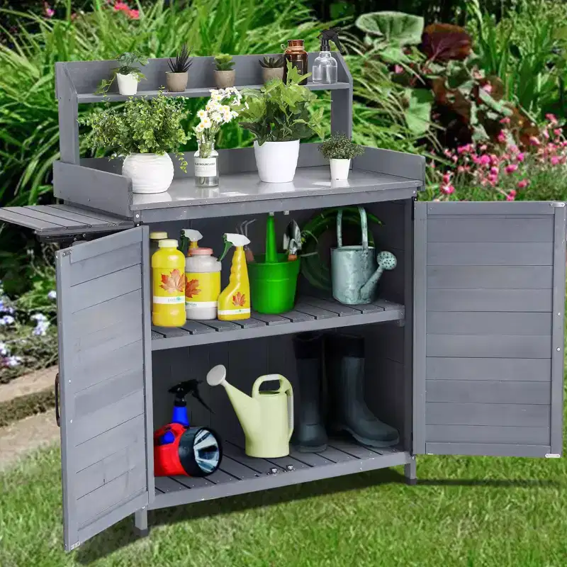 Outdoor Potting Bench with Foldable Shelf, Storage Cabinet & Durable Galvanized Metal Worktop for Garden, Patio, or Backyard