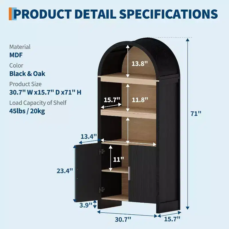 71 Tall Arched Bookcase Cabinet, Mid-Century Modern Wooden Storage Bookshelf with Adjustable Open Shelves, Pantry Display Cabinet