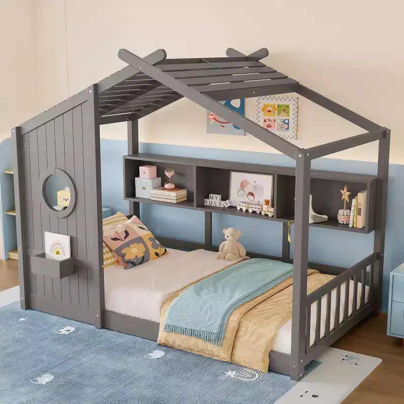 Twin Size Floor House Bed, Kids Montessori Playhouse Bed with Storage Shelf and Roof Design