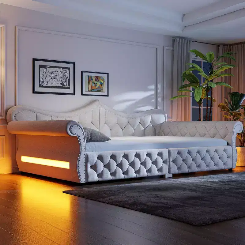 ModernLuxe Queen Size Upholstered Daybed with LED Lighting, Nailhead Trim & Tufted Linen Back