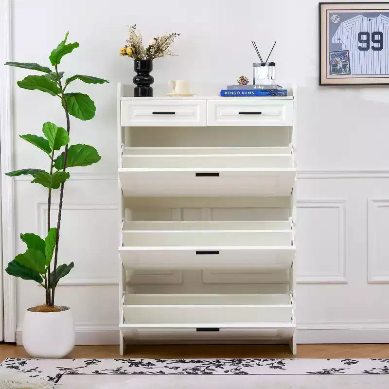 Okak Modern Wood Shoe Cabinet Organizer with 2 Drawers & 3 Folding Doors,Entryway Shoe Rack with Large Storage