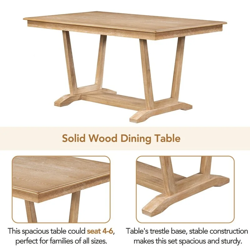Rustic 5-piece Dining Table Set with 4 Upholstered Chairs, 59-inch Rectangular Dining Table with Trestle Table Base