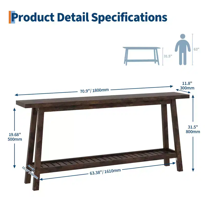 70.9'' Extra Long Console Table, 2-Tier Entryway Sofa Table, Wood Farmhouse Accent with Slim Storage Shelf for Hallway, Living Room, Foyer