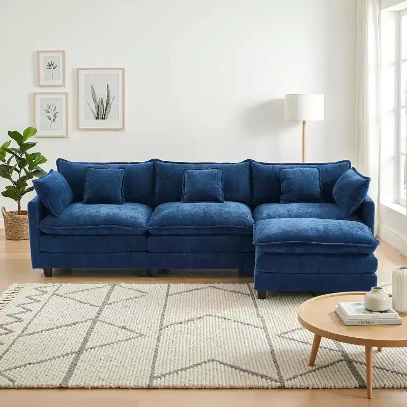 Chenille 3-Seat Sectional Sofa  Modular Deep Seat Sleeper Couch with Ottoman & Side Pocket