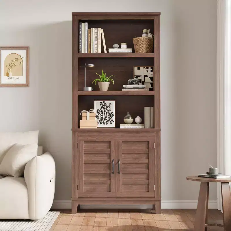 Bookcase with Door 5 Tier Storage Bookshelf Wooden Farmhouse Bookshelves Rustic Vintage Etagere Walnut Cabinet for Home Office,Living Room,Bed Room