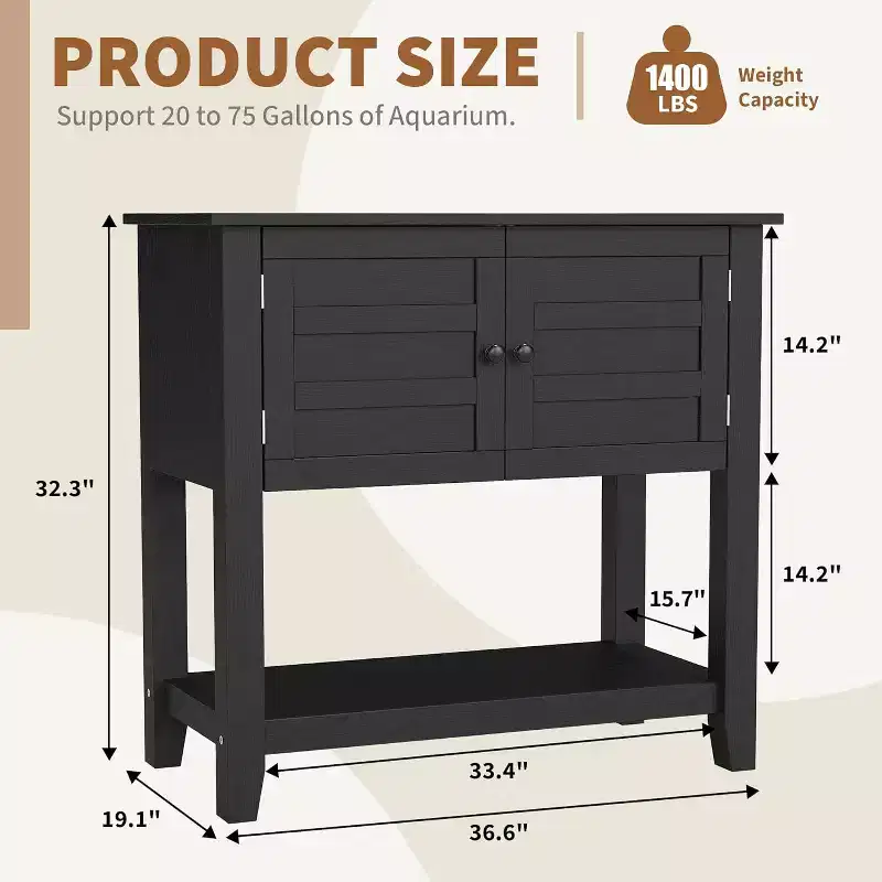 Acekool 29-Gallon Double Aquarium Stand with Power Strip, Black Fish Tank Cabinet with Magnetic Doors for Living Room Storage
