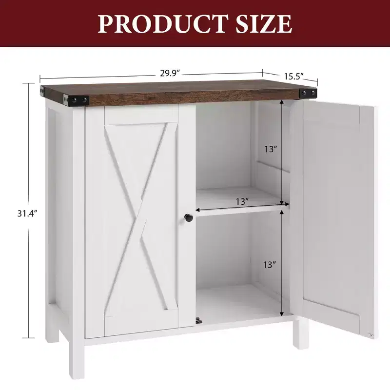 2-Pack Farmhouse Storage Cabinet with 2 Doors & Adjustable Shelves, Sideboard Buffet for Living Room, Dining Room Entryway, White+Brown