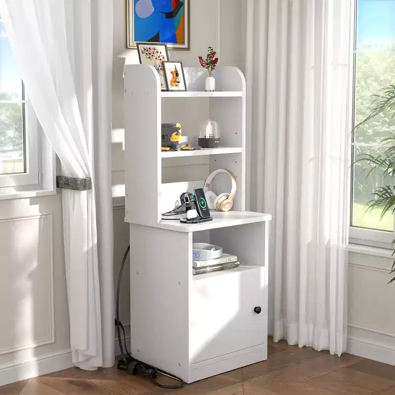 47 Adjustable Bookshelf with Hutch, Nightstand with Charging Station, LED Lights