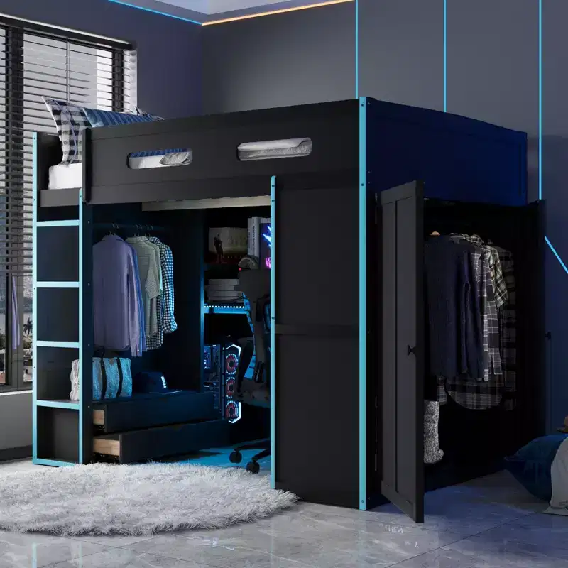 Merax Full Size Loft Bed with Desk, Wardrobe, RGB LED Lights & USB Charging Port  Stylish Black Frame with Multi-Storage Space for Game Lovers