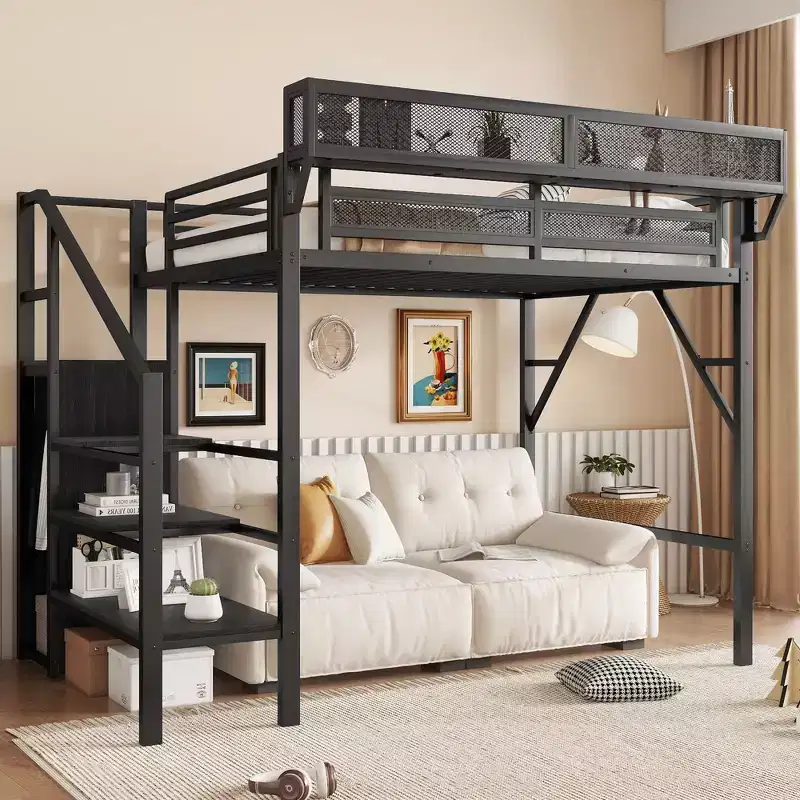 Twin Size Loft Bed with Stairs Metal Full Loft Bed with Storage Shelves High Loft Bed with Wardrobe for Kids Teens Black