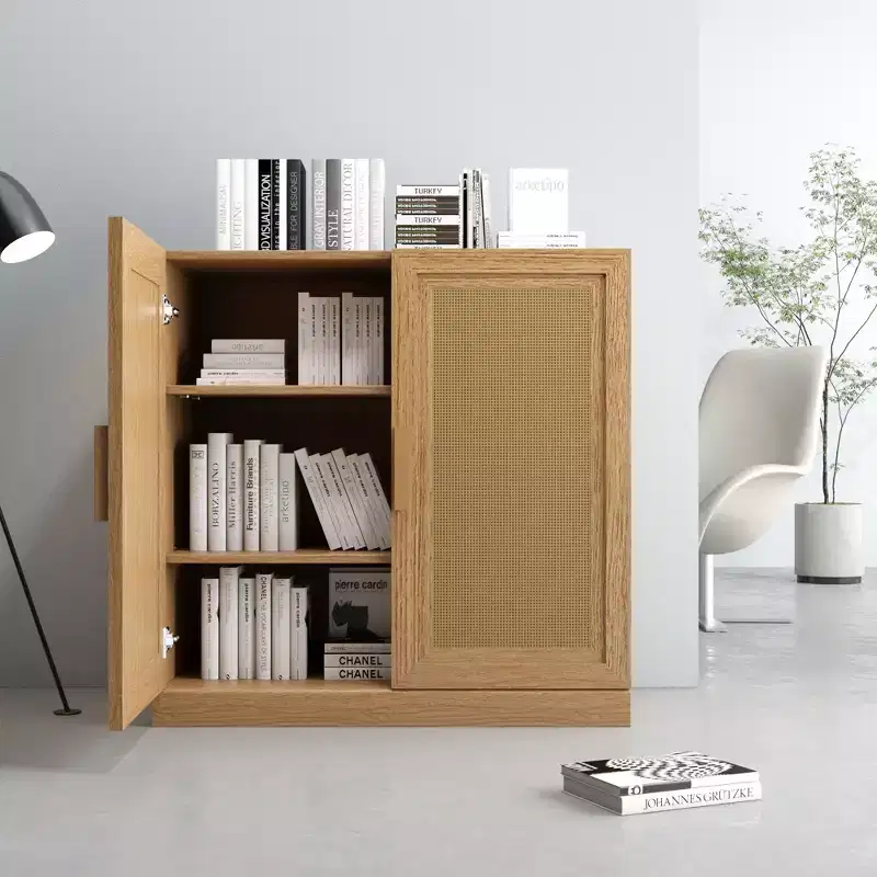 1 Piece Black Wood Grain Storage Cabinet (Wicker Door), Decorative Storage Cabinet