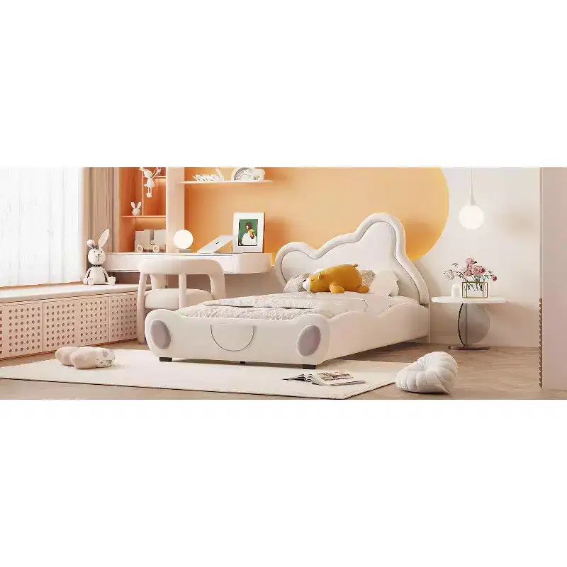 Okak Twin/Full/Queen Velvet Platform Bed Frame with Upholstered Bear-Shaped Headboard, Bed-End Storage Pocket for Kids Noise-Free Easy Assembly