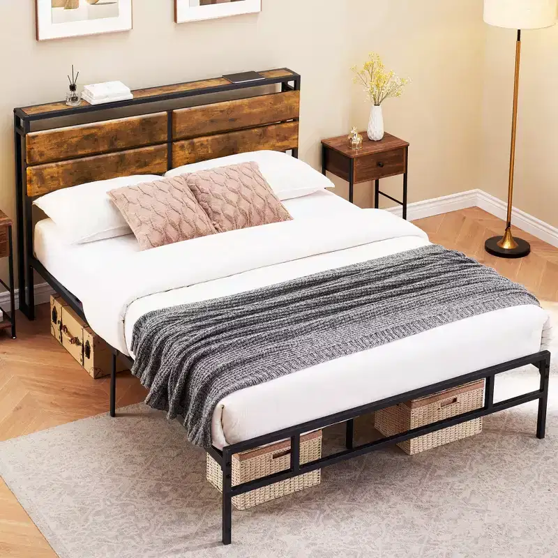 Metal Platform Bed Frame with Storage Bedside, Rustic Vintage Wood Headboard, Mattress Foundation, Strong Metal Slats Support