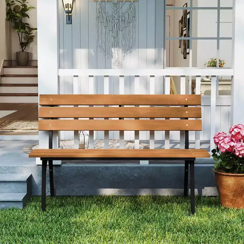 Costway Acacia Wood Patio Loveseat with Heavy Duty Metal Frame, Slatted Backrest and Seat Natural + Black