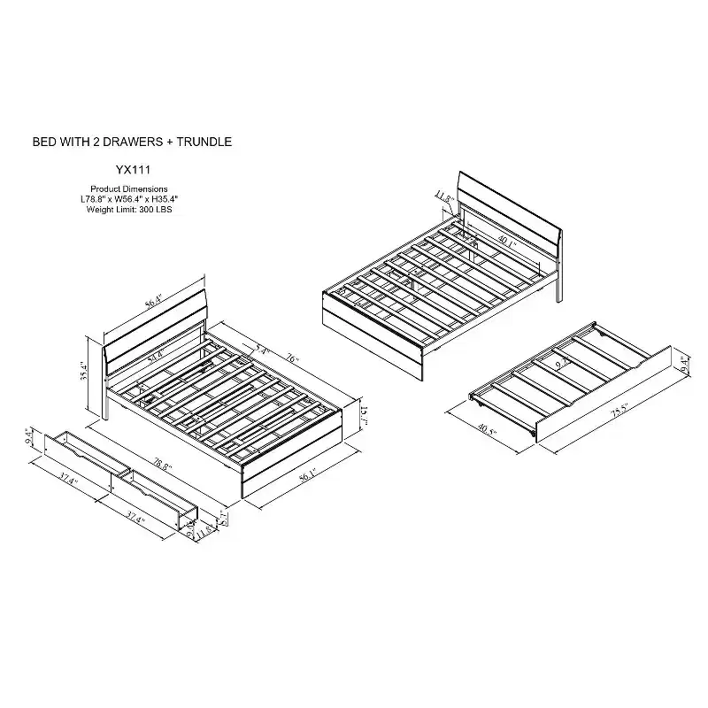 Full Platform Bed with Drawers, Solid Wood Bed Frame with Headboard and Footboard for Bedroom