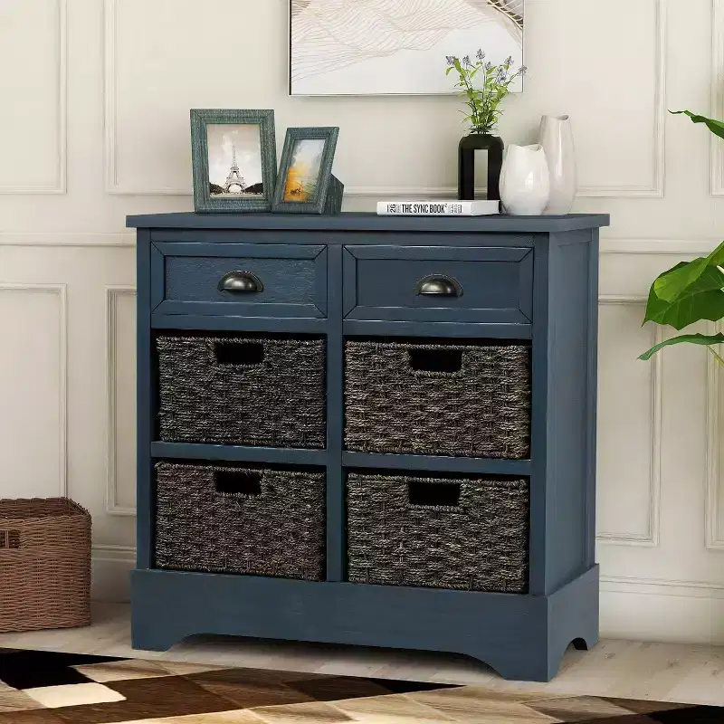 GDFStudio Elsie Solid Wood Storage Cabinet with Drawers and Rattan Baskets