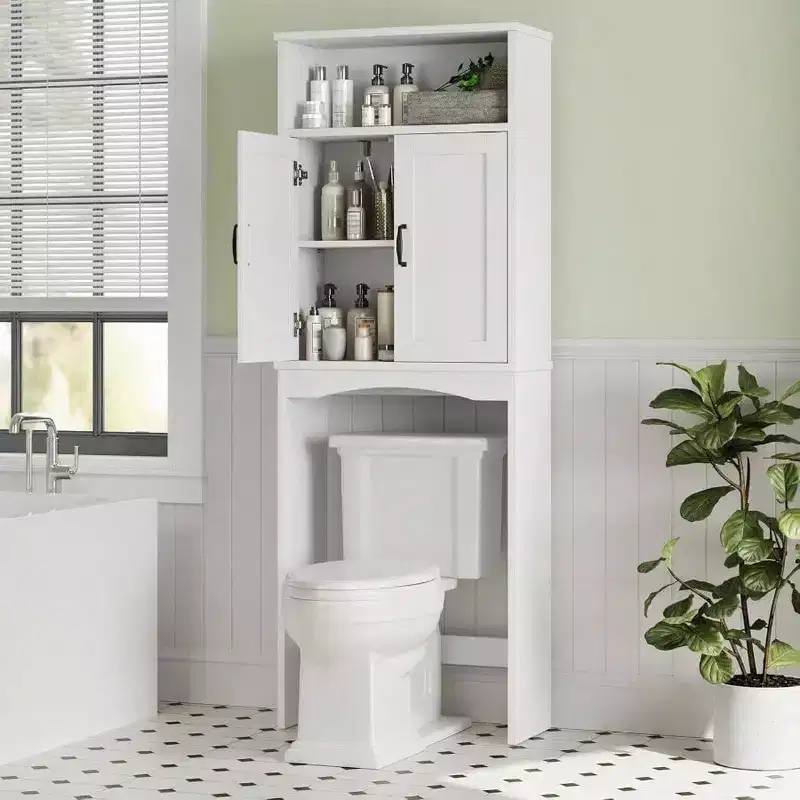 Over Toilet Storage Cabinet Space Saver Shelf White Bathroom Organizer with Adjustable Shelf and Double Doors