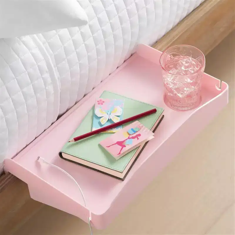 Bedside Shelf with Cord Slot and Cup Holder, Clip-On Bed Frame Tray, Pink, No Tools Required