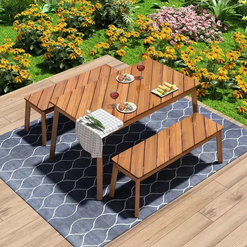 Whisen Outdoor Wood Dining Set with 2 Benches, Acacia Wood Picnic Beer Table for Patio, Porch, Garden - Natural