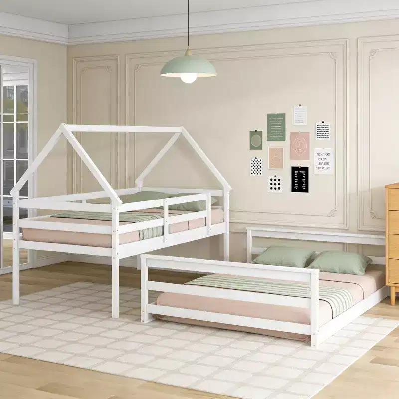 Twin over Full House Bunk Bed with Ladder, Detachable into 2 Beds