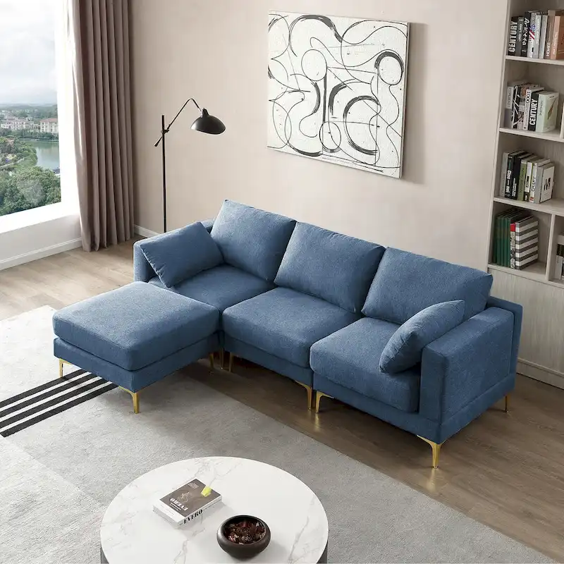 Christopher Knight Home - Beige L-Shape Sectional Sofa with Gold Metal Legs and Ottoman