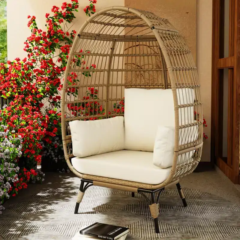 Egg Chair, Wicker Egg Chair with Plush Cushion, Steel Frame and Metal Base, Lounge Chair for Indoor & Outdoor Patio, Living Room, and Backyard