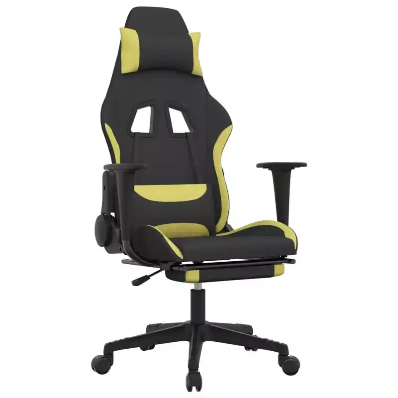 vidaXL Massage Gaming Chair with Footrest, Black and Light Green, Fabric