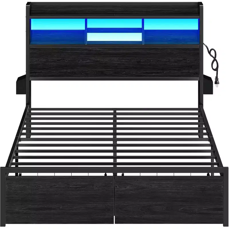 Queen Platform Bed Frame with Storage Drawers, LED Lights, and Charging Station