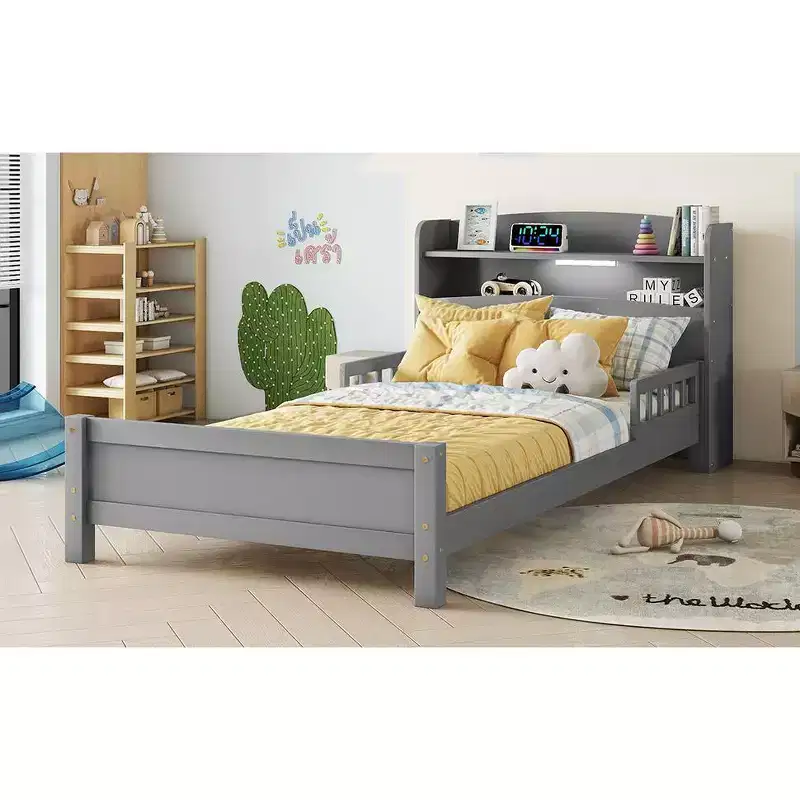 Pine Wood Twin Platform Bed with Bookcase Headboard and Safety Guardrails