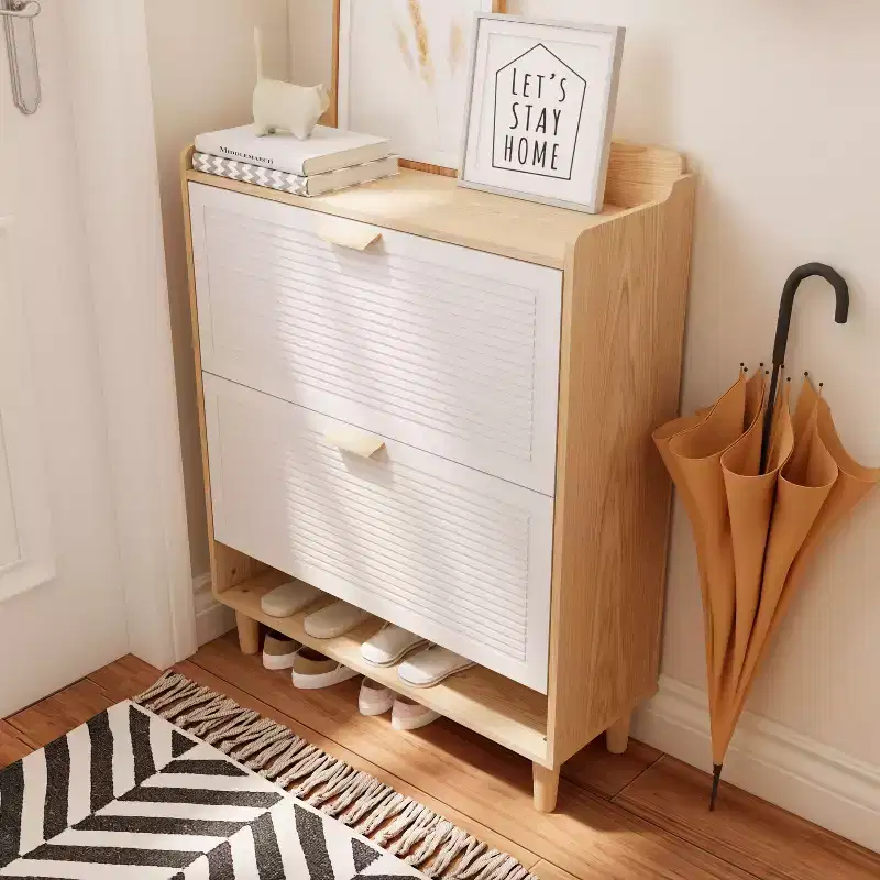 Okak Shoes Storage Cabinet, Shoe Rack with 2 Flip Drawers and Natural Wood Legs, Slim Entryway Storage Organizer for Hallway, Entryway