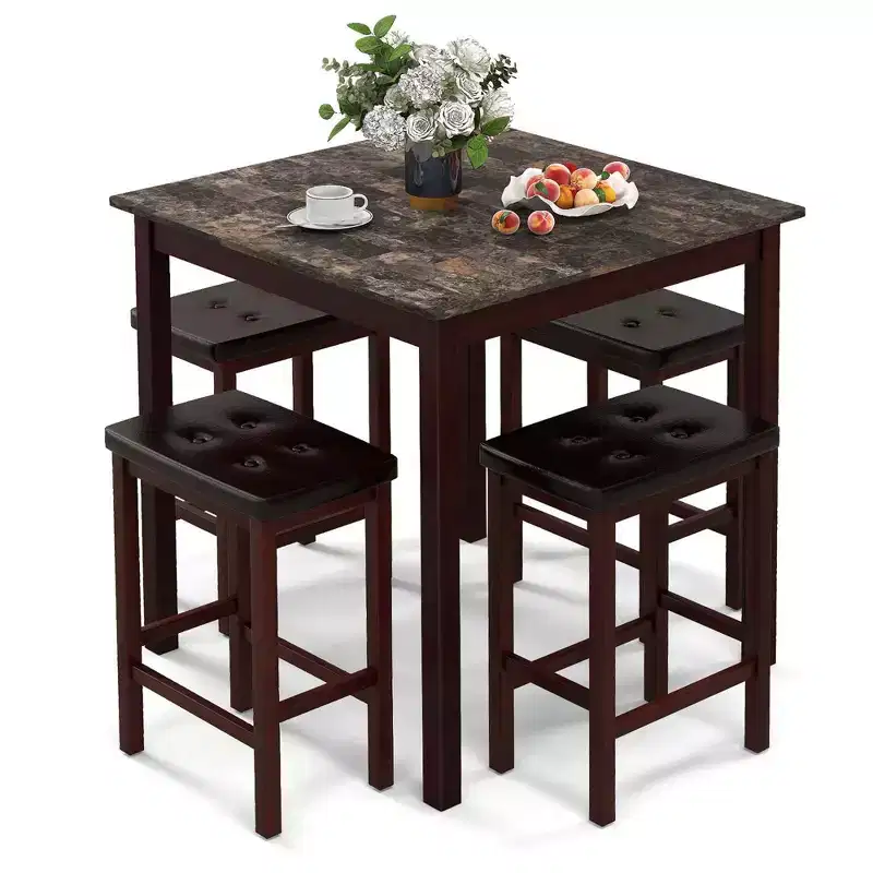 Costway 5 PCS Bar Table Set Square Dining Table & 4 PVC Leather Upholstered Bar Stools Brown/White