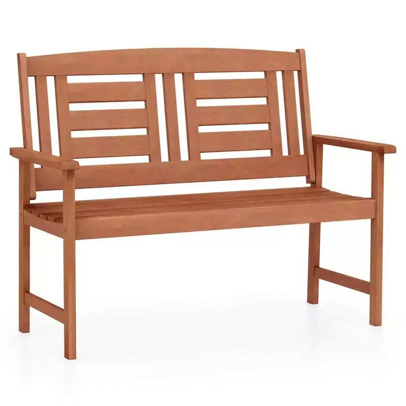 Costway Outdoor Solid Wood Loveseat with Inclined Backrest & Slatted Seat Teak Painting