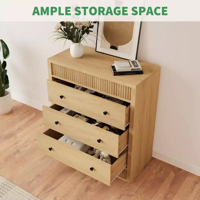 GustoWave 3 Drawer Fluted Nightstand, 31.5 Wide Modern Storage Dresser for Bedroom, Hallway & Kids Room
