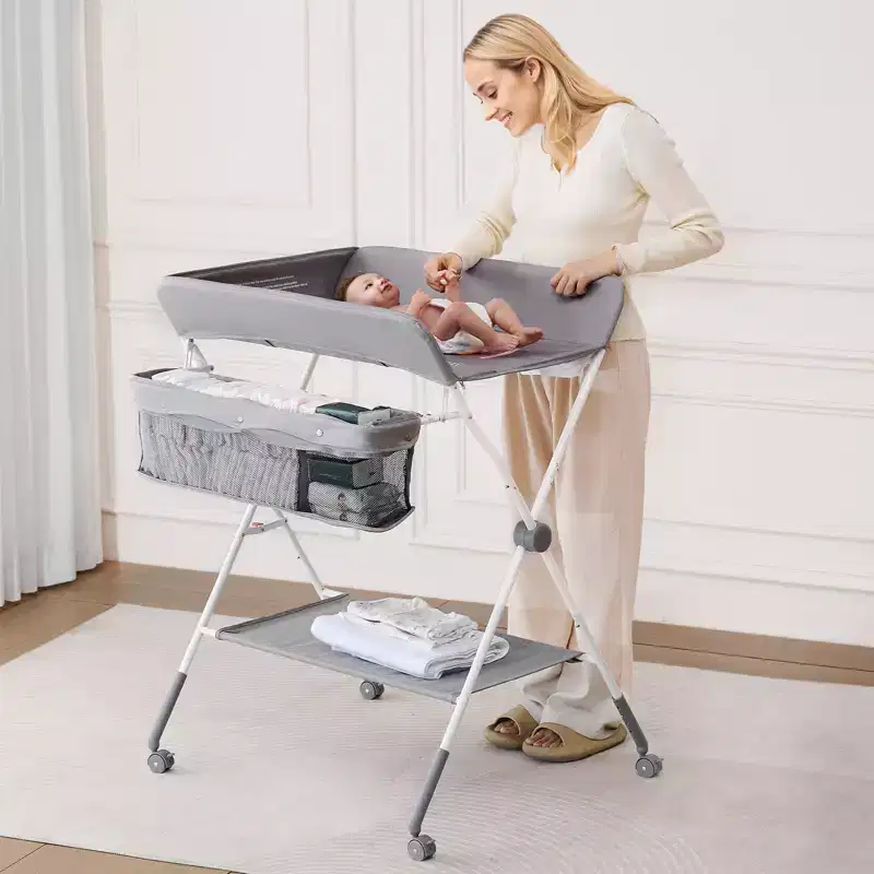 VEVOR Baby Changing Table,Foldable Diaper Change Station with Side Basket,Lockable Wheels,Multi-Functional Storage Organizer Nursery,Light Gray