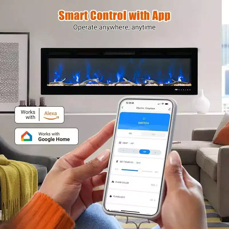 80 Inch Electric Fireplace, Recessed and Wall Mounted, Smart WiFi Alexa Voice Control, 3D Flame Effect, 12 Colors, 750W/1500W